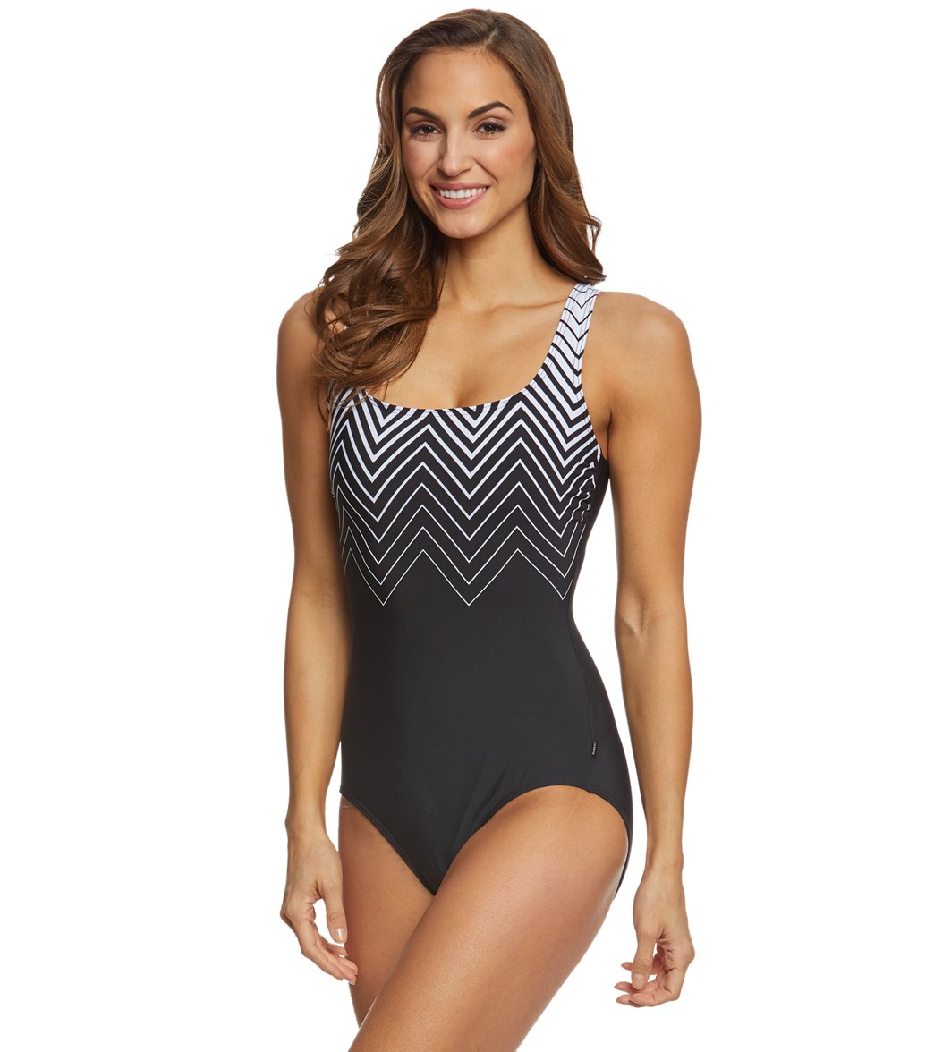 Reebok, Reebok Diamond Mine Women's Scoop Back Chlorine Resistant One Piece Swimsuit Black/White