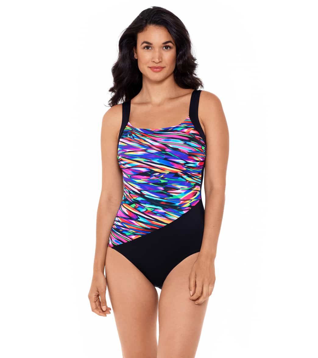 Reebok, Reebok Glasswork U-Tank Chlorine Resistant One Piece Swimsuit Multi