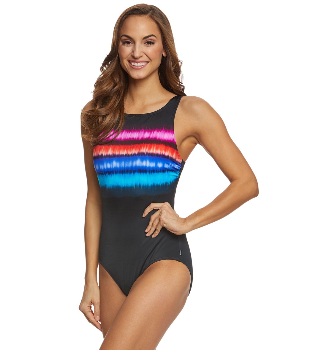 Reebok, Reebok Light It On Fire Women's High Neck Chlorine Resistant One Piece Swimsuit Multi