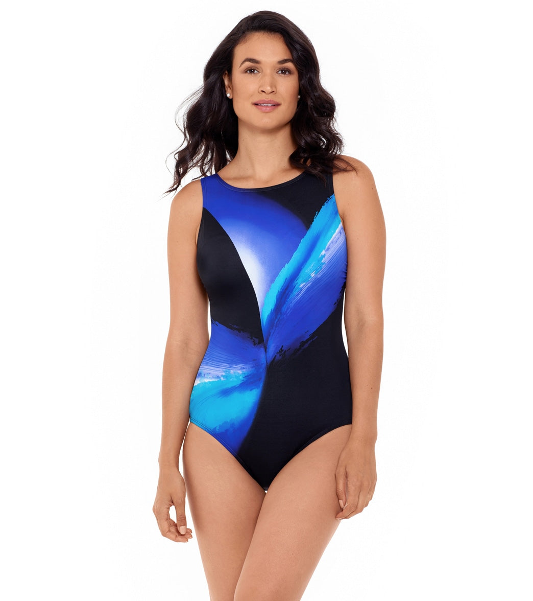 Reebok, Reebok Women's Aurora Borealis High Neck Chlorine Resistant One Piece Swimsuit Blue/Black