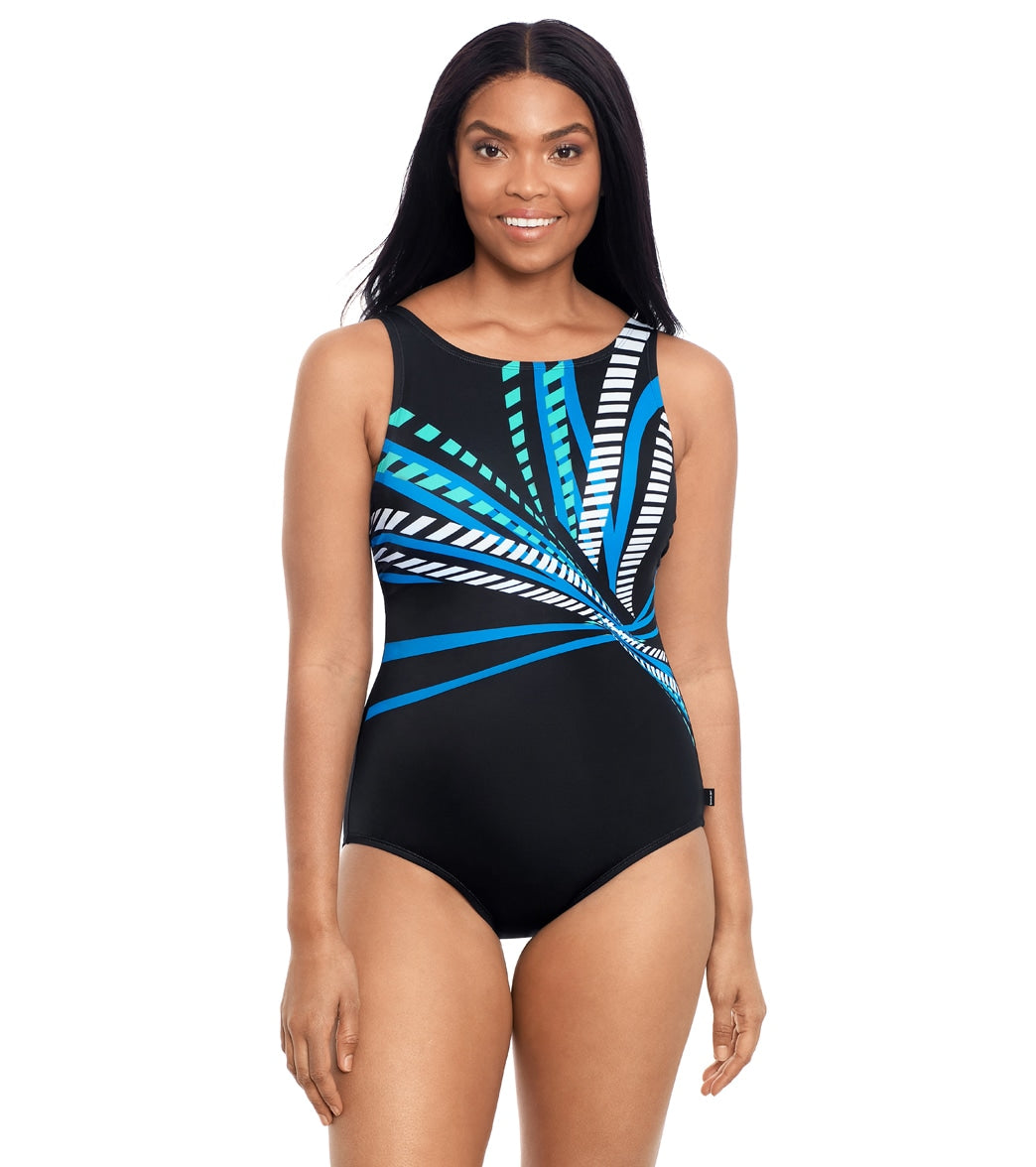 Reebok, Reebok Women's Beveled Edge High Neck One Piece Swimsuit Blue