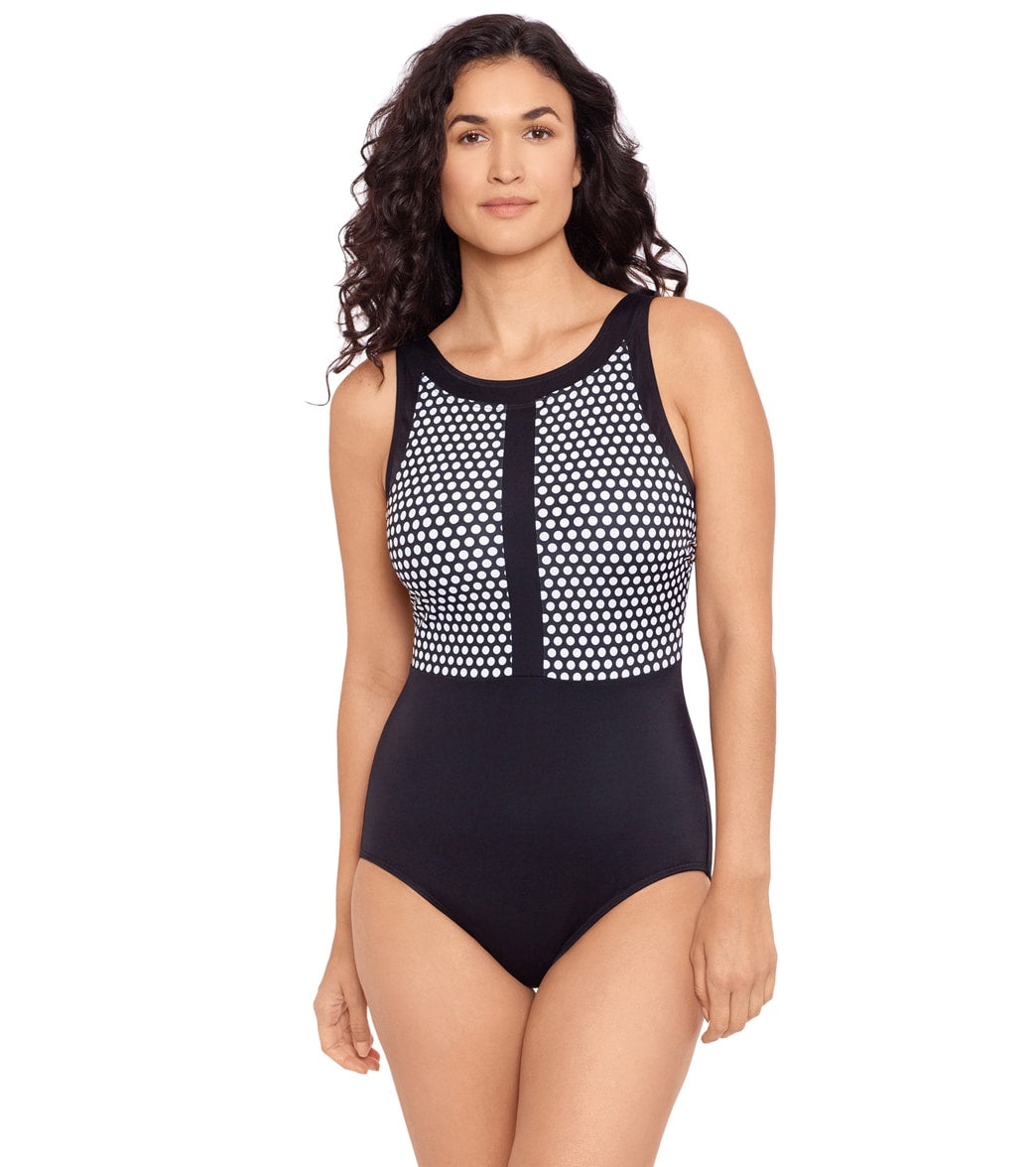 Reebok, Reebok Women's Cell Dot High Neck Chlorine Resistant One Piece Swimsuit Black/White