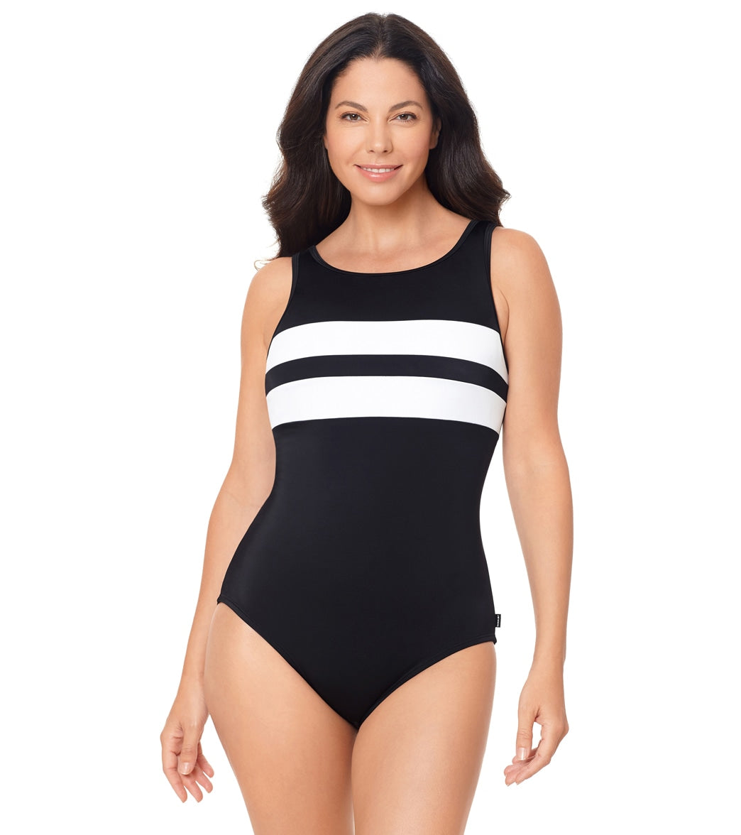 Reebok, Reebok Women's Classic Colorblock High Neck One Piece Swimsuit Black/White