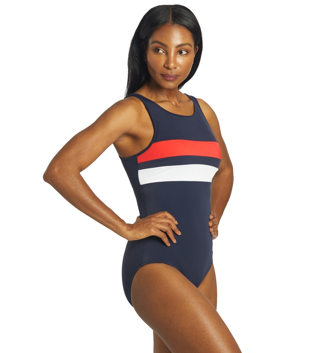 Reebok, Reebok Women's Classic Colorblock High Neck One Piece Swimsuit Navy Blue