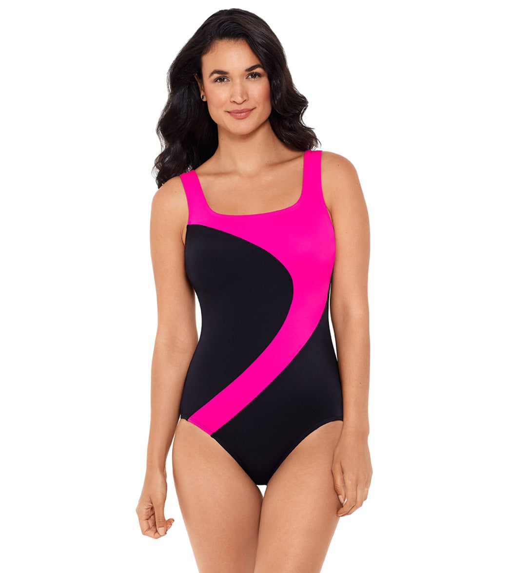 Reebok, Reebok Women's Color Block Curved Tank Chlorine Resistant One Piece Swimsuit Black/Pink