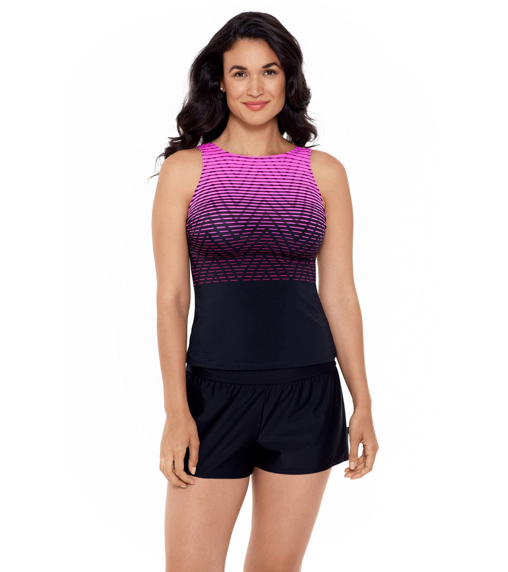 Reebok, Reebok Women's Endless Endurance High Neck Chlorine Resistant Tankini Top Pink/Black