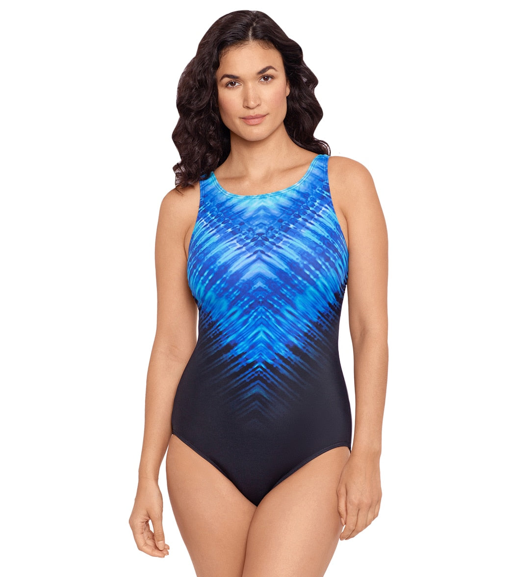 Reebok, Reebok Women's Psychedelic Voyage High Neck Chlorine Resistant One Piece Swimsuit