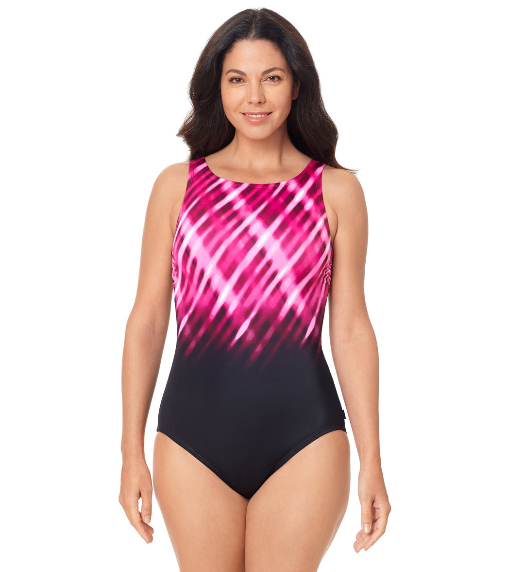 Reebok, Reebok Women's Sea Plaid High Neck One Piece Swimsuit Pink