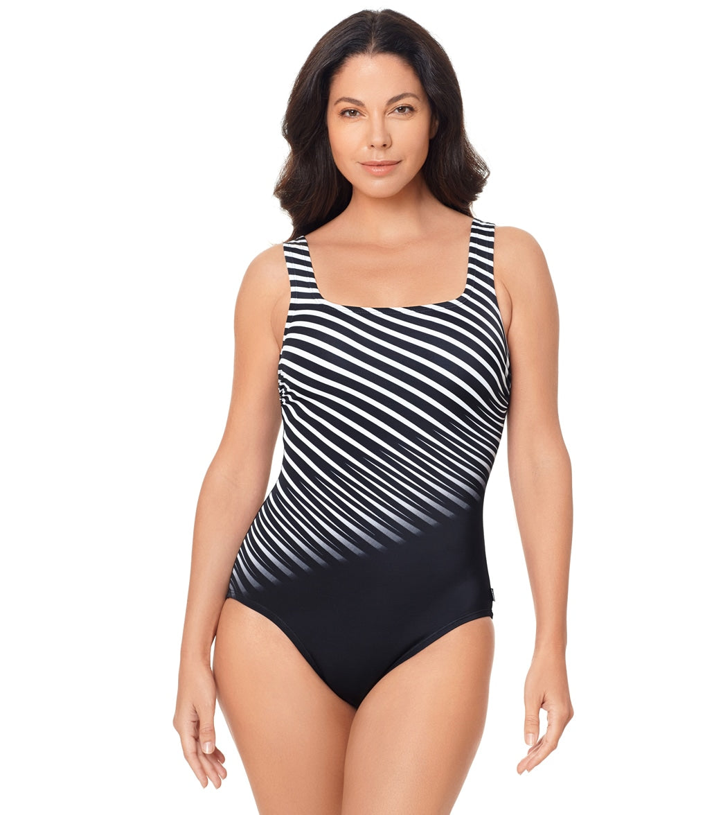 Reebok, Reebok Women's Sharp Focus Scoop Neck One Piece Swimsuit Black/White