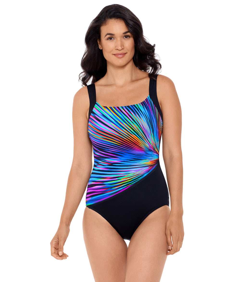 Reebok, Reebok Women's Social Matrix Bust Minimizer One Piece Swimsuit Multi