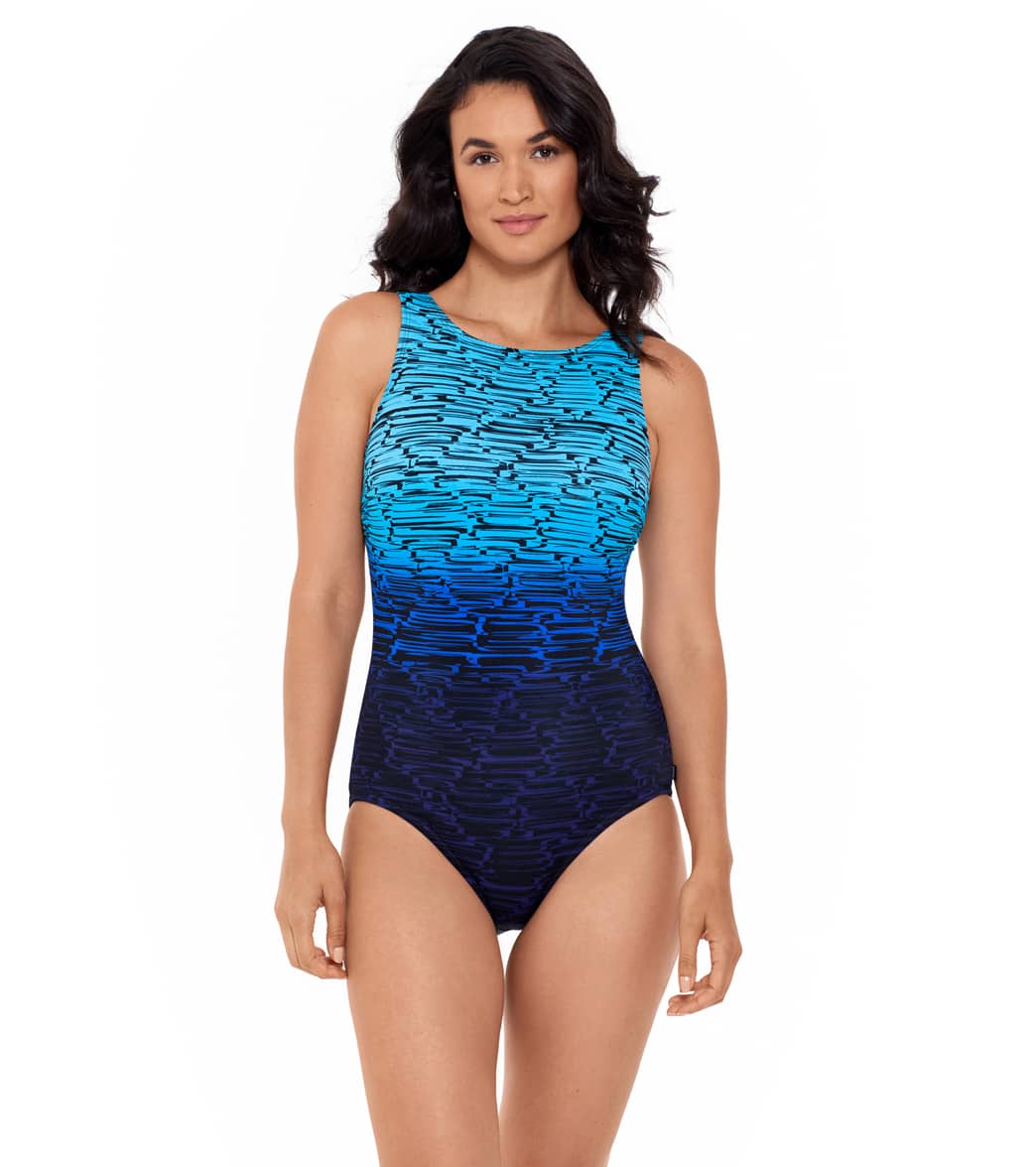 Reebok, Reebok Women's Stacked To The Max High Neck Chlorine Resistant One Piece Swimsuit Blue/Black