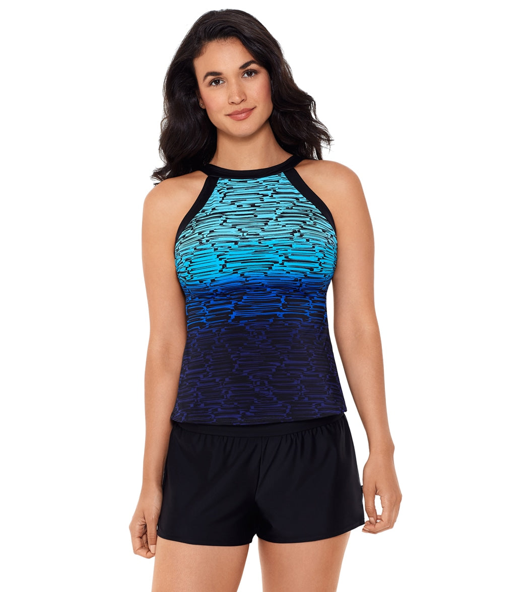 Reebok, Reebok Women's Stacked To The Max High Neck Chlorine Resistant Tankini Top Blue/Black