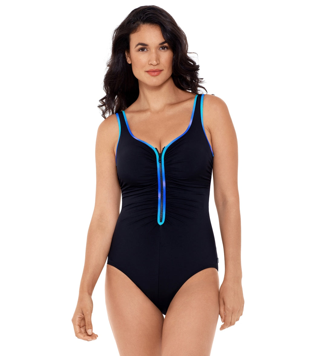 Reebok, Reebok Women's Sunglow Zip Front Chlorine Resistant One Piece Swimsuit Blue