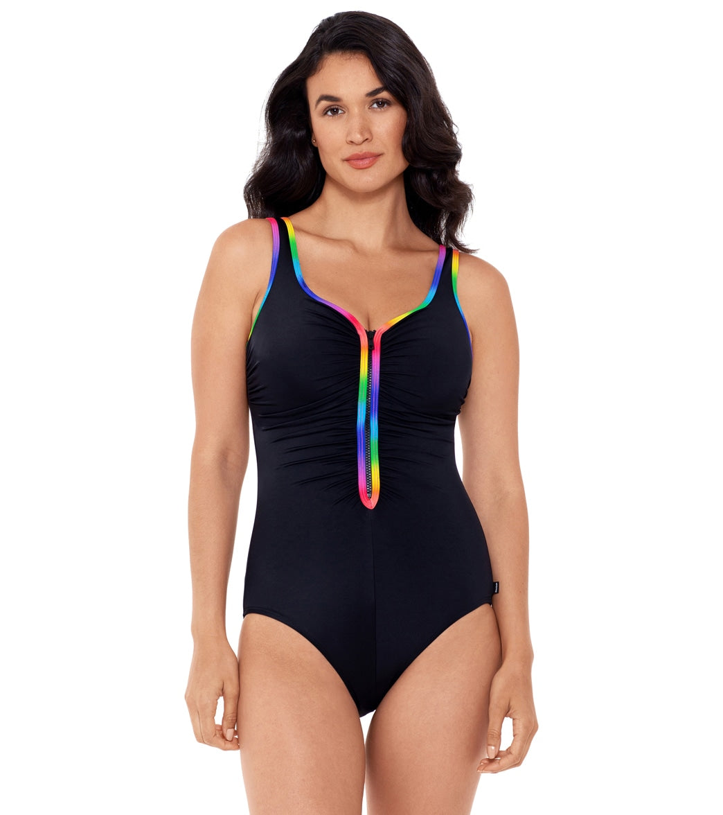 Reebok, Reebok Women's Sunglow Zip Front Chlorine Resistant One Piece Swimsuit Multi