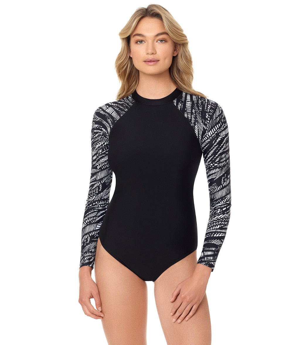 Reebok, Reebok Women's Texture Tracks Long Sleeve One Piece Swimsuit Black/White