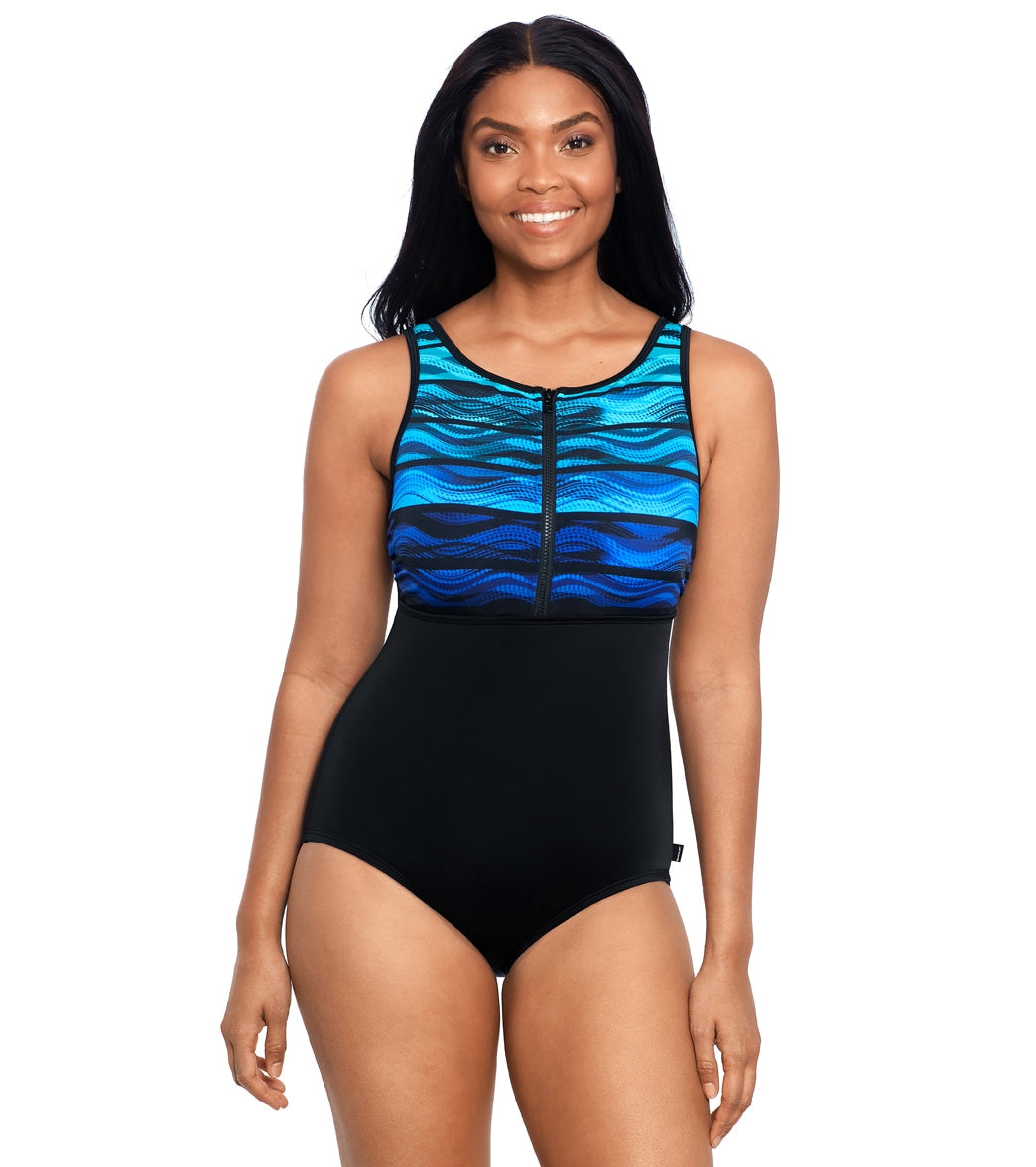 Reebok, Reebok Women's Wavy Look High Neck One Piece Swimsuit Blue