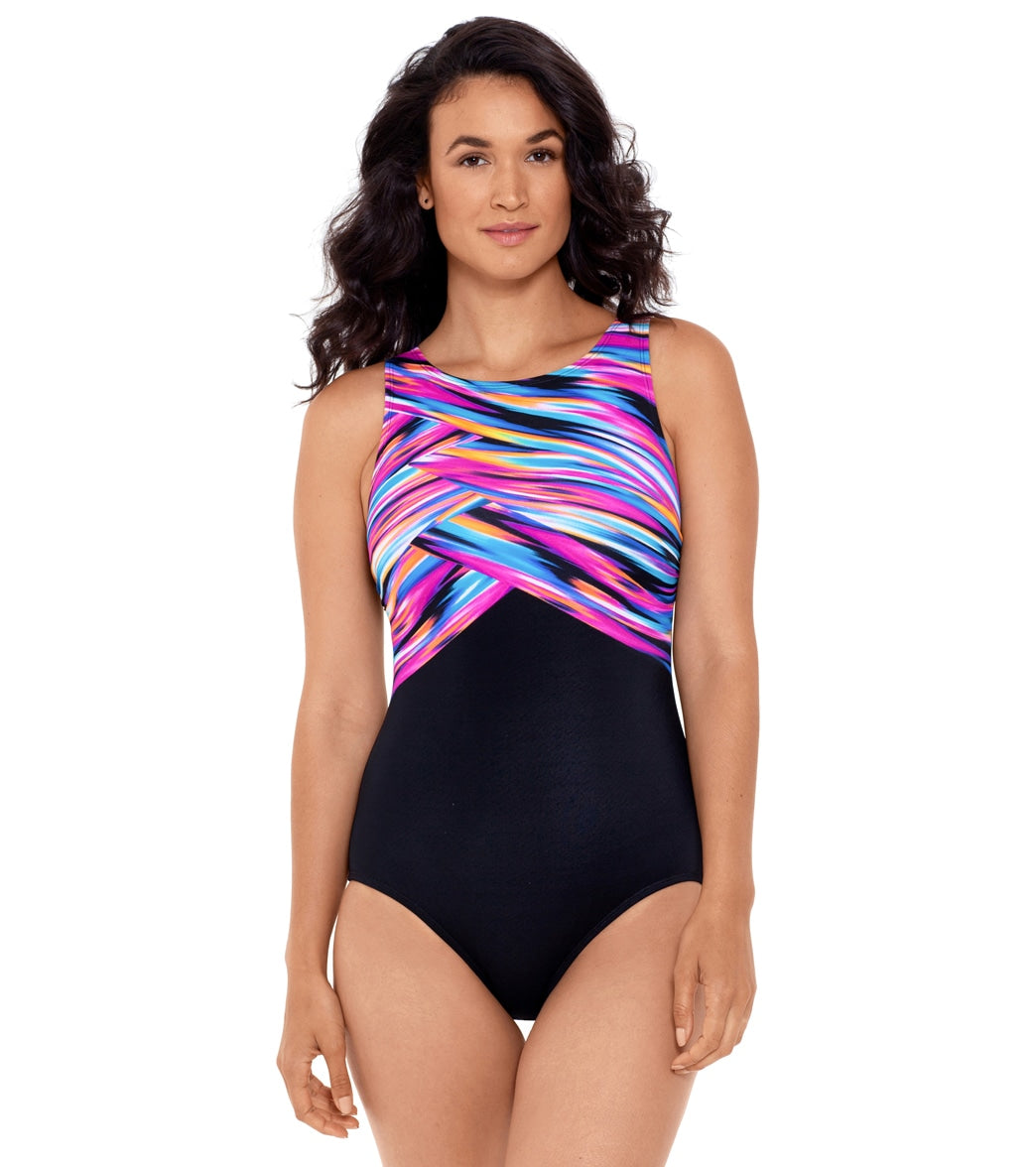 Reebok, Reebok Women's Wrapped in Perfection High Neck Chlorine Resistant One Piece Swimsuit Pink/Black