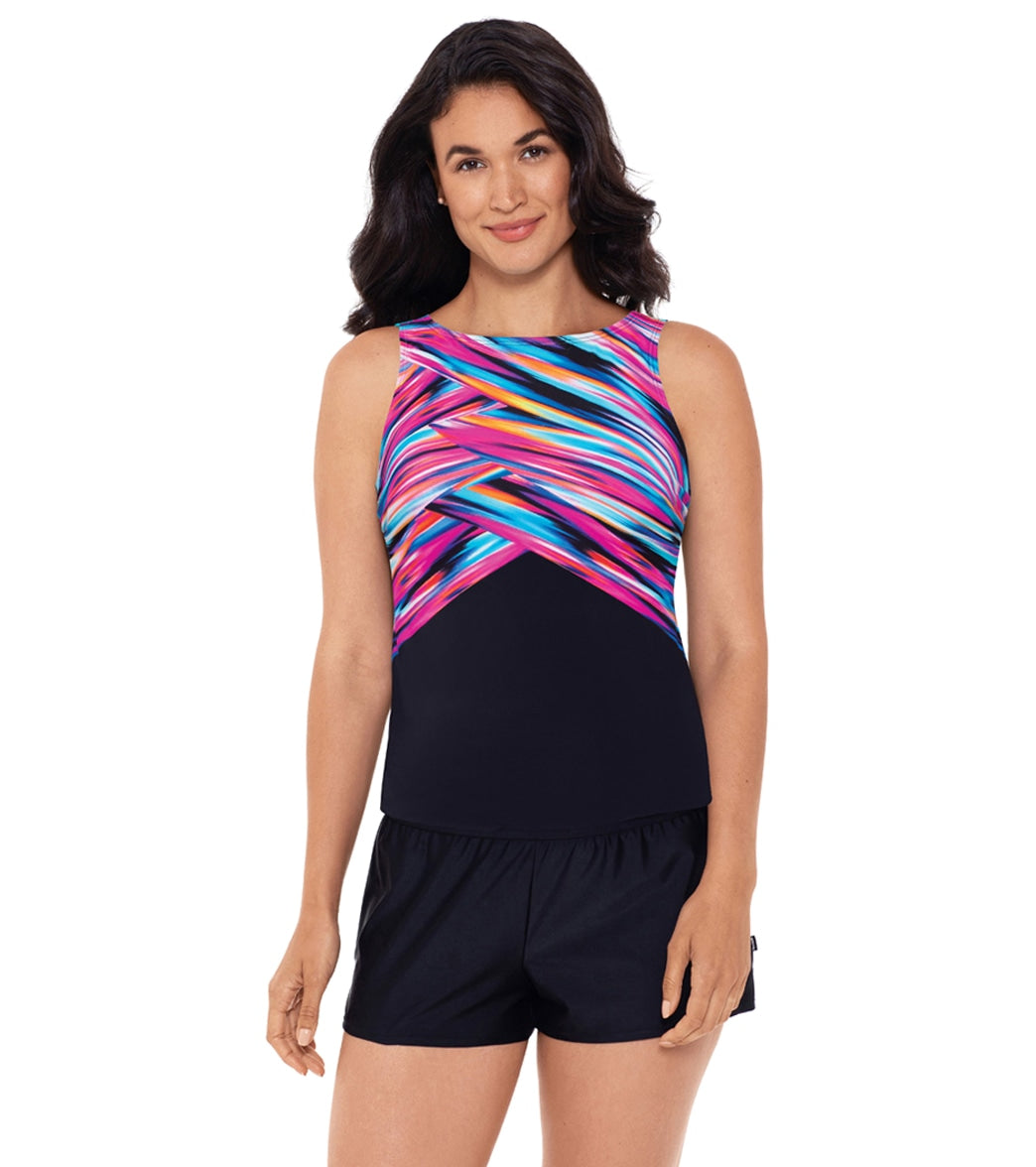 Reebok, Reebok Women's Wrapped in Perfection High Neck Chlorine Resistant Tankini Top Pink/Black