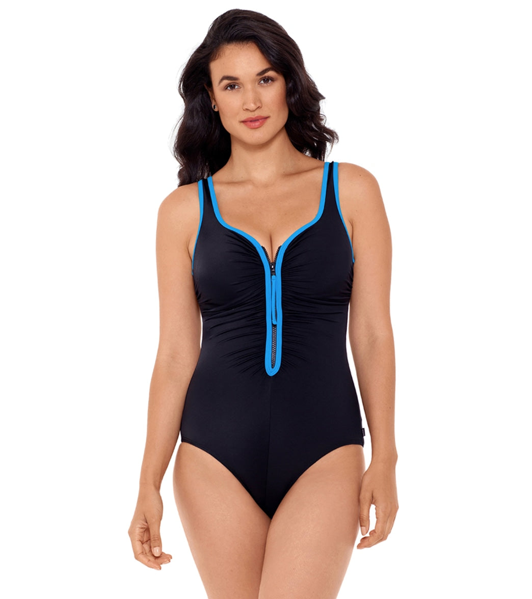 Reebok, Reebok Women's Zig Zag Shirred Tank Chlorine Resistant One Piece Swimsuit Black/Blue