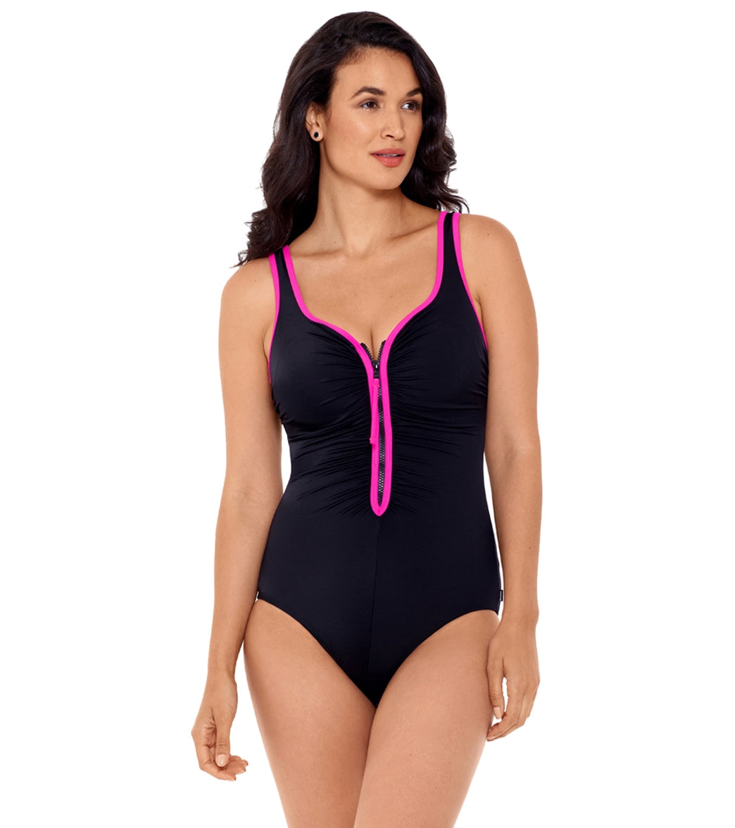 Reebok, Reebok Women's Zig Zag Shirred Tank Chlorine Resistant One Piece Swimsuit Black/Pink