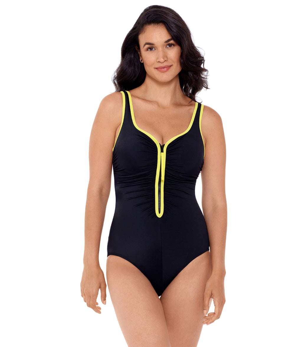 Reebok, Reebok Women's Zig Zag Shirred Tank Chlorine Resistant One Piece Swimsuit Black/Yellow